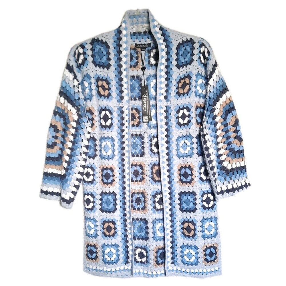 Charlie B Long Crochet Lightweight Granny Square Knit Cardigan Boho Denim XS/S